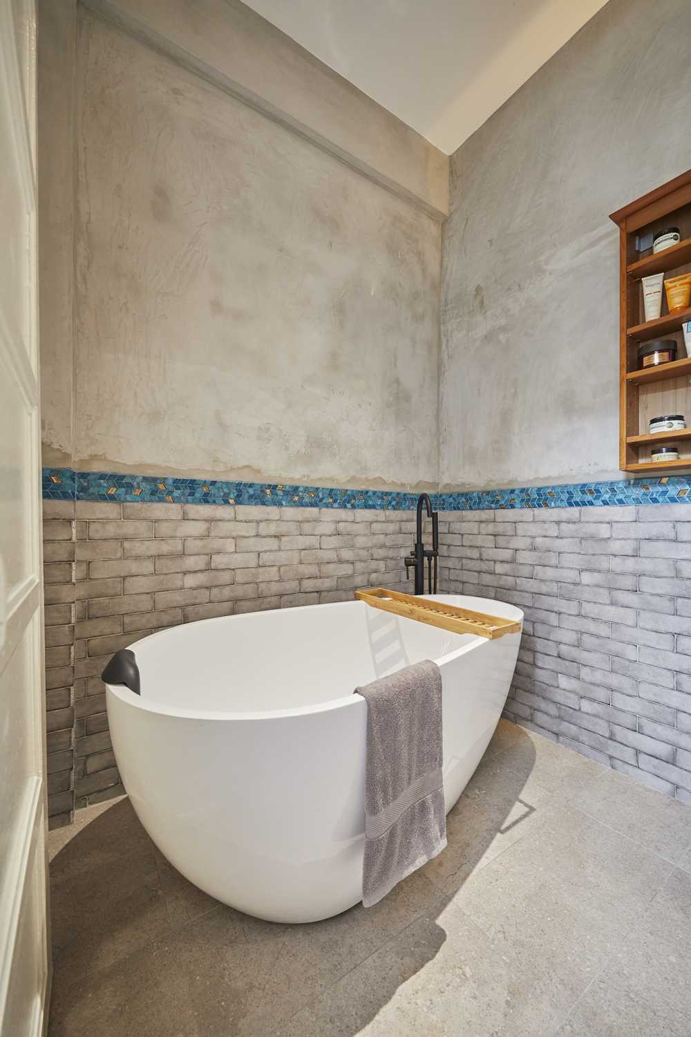 Asian Bathroom with Marble Floor and Mirror