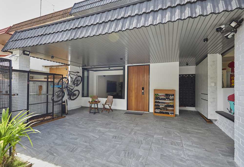 Asian Porch with Window Seat and Awning