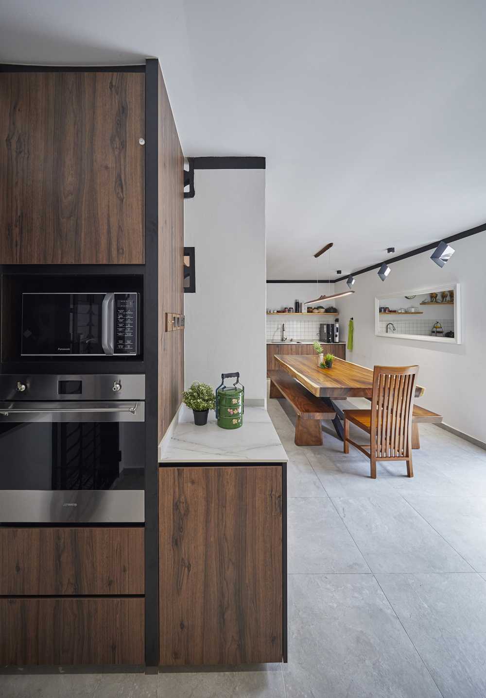 Asian Kitchen with Marble Floor and Breakfast Counter
