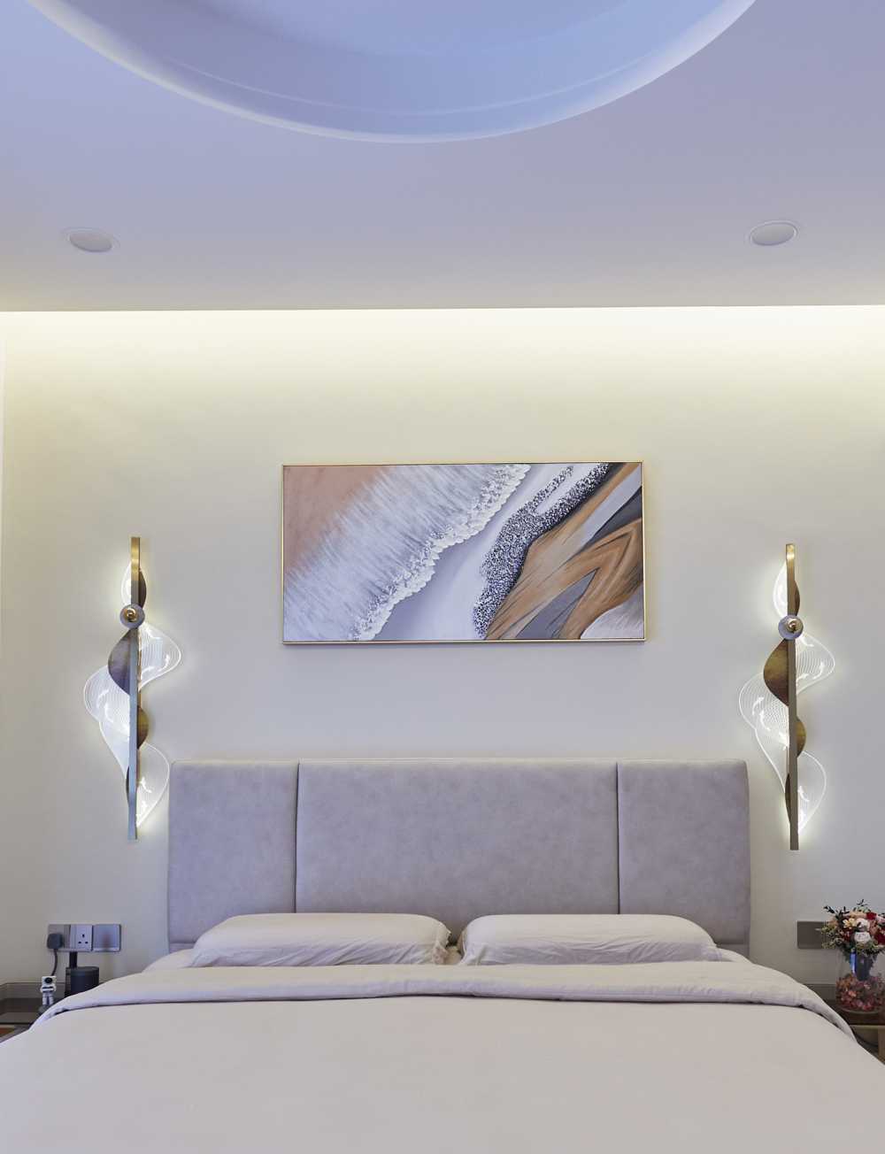Modern Bedroom with Marble Floor and Drop Light