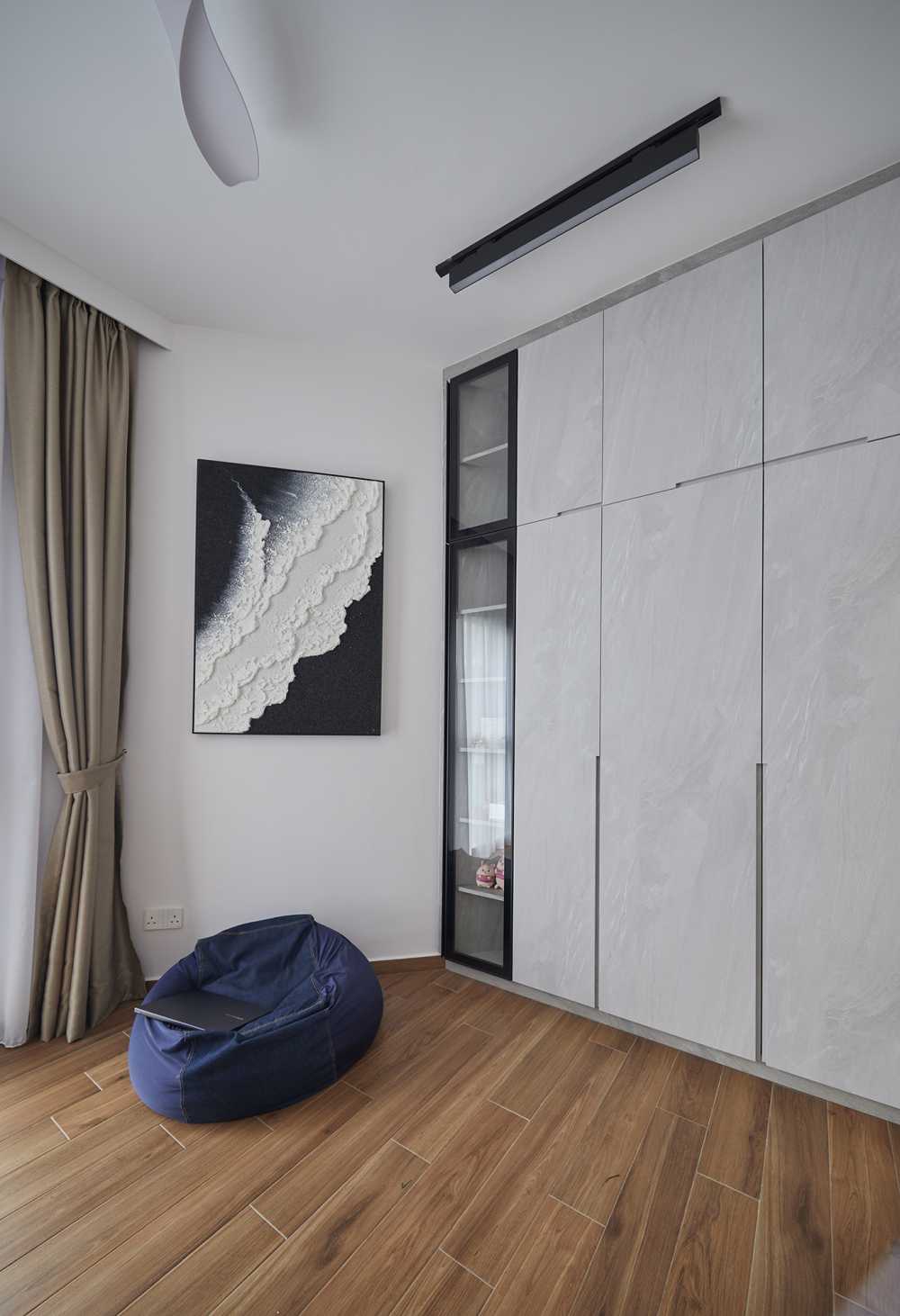 Modern Bedroom with Roller Blinds and Bedside Table