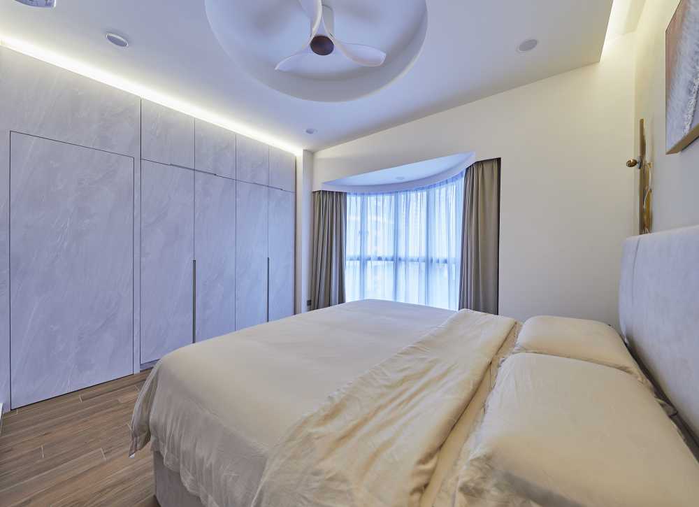 Modern Bedroom with Marble Floor and Ceiling Light