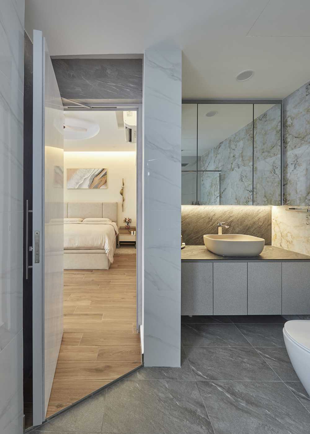 Modern Bathroom with Countertop and Herringbone Tiling