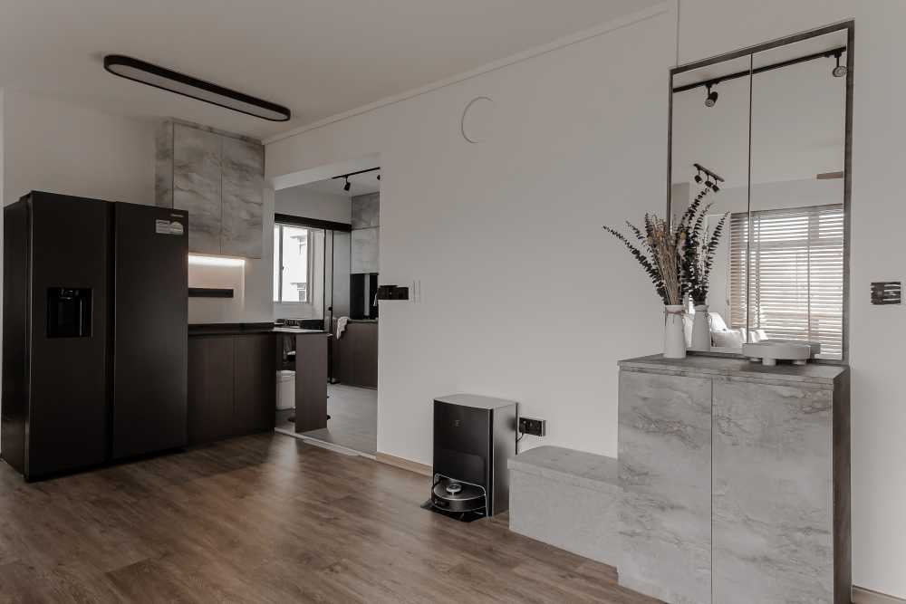 Modern Living Room with Bookshelf and Vinyl Flooring