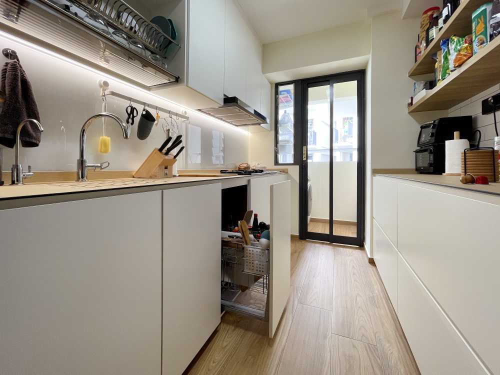 Scandinavian Kitchen with Vinyl Flooring and Cement Floor
