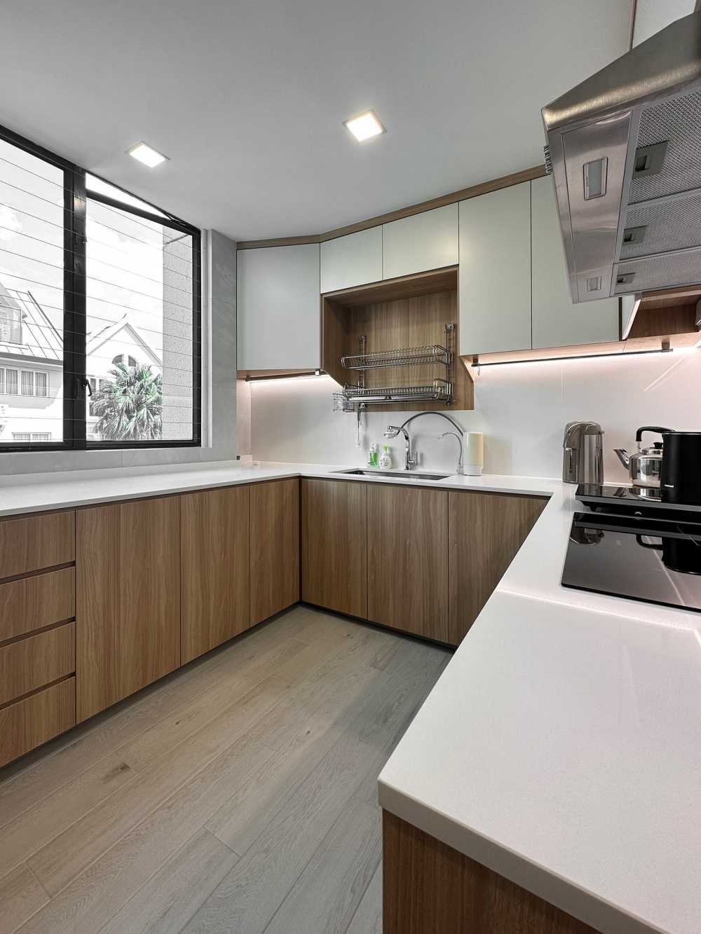 Scandinavian Kitchen with Parquet Floor and Cement Floor