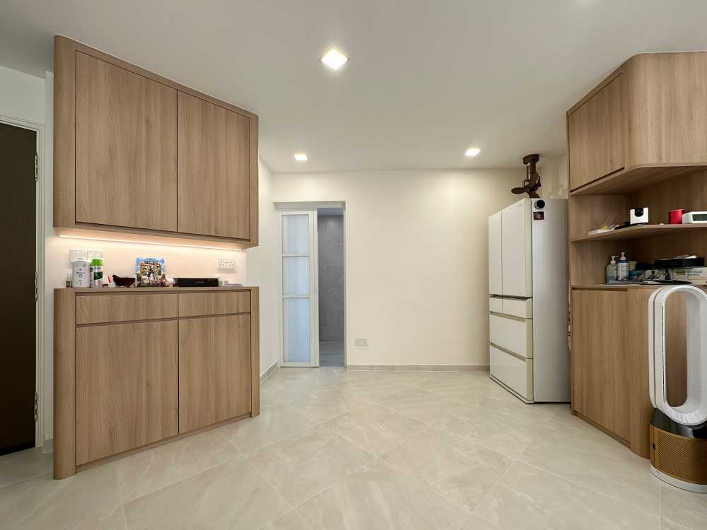 Scandinavian Kitchen with Wood Flooring and Mosaic