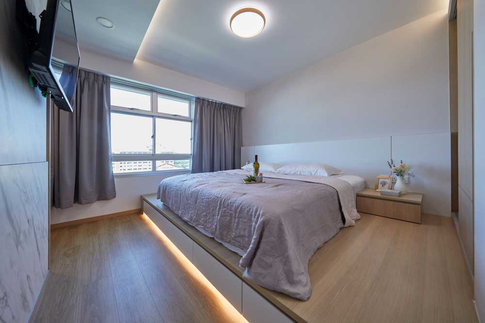 Scandinavian Bedroom with Marble Floor and Built-in Bed