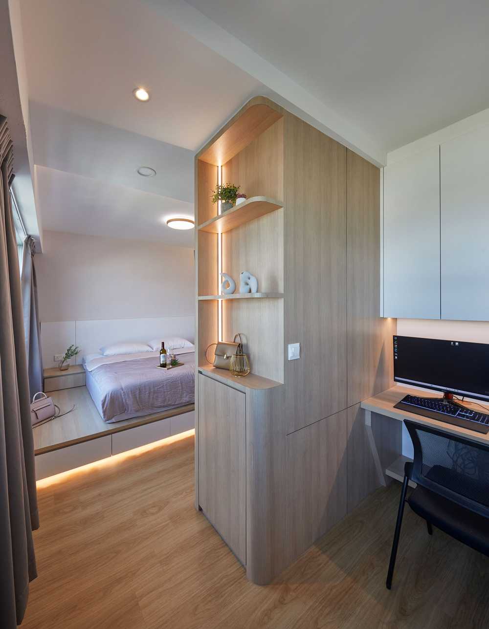 Scandinavian Bedroom with Cove Lighting and Built-in Bed