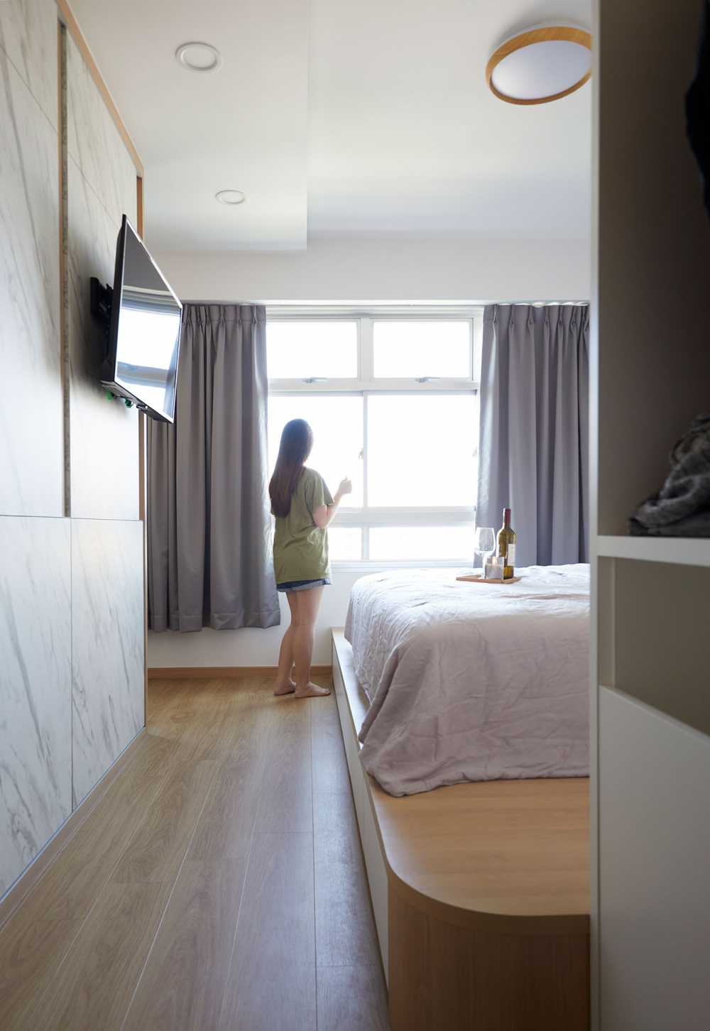 Scandinavian Bedroom with Vinyl Flooring and Marble Floor