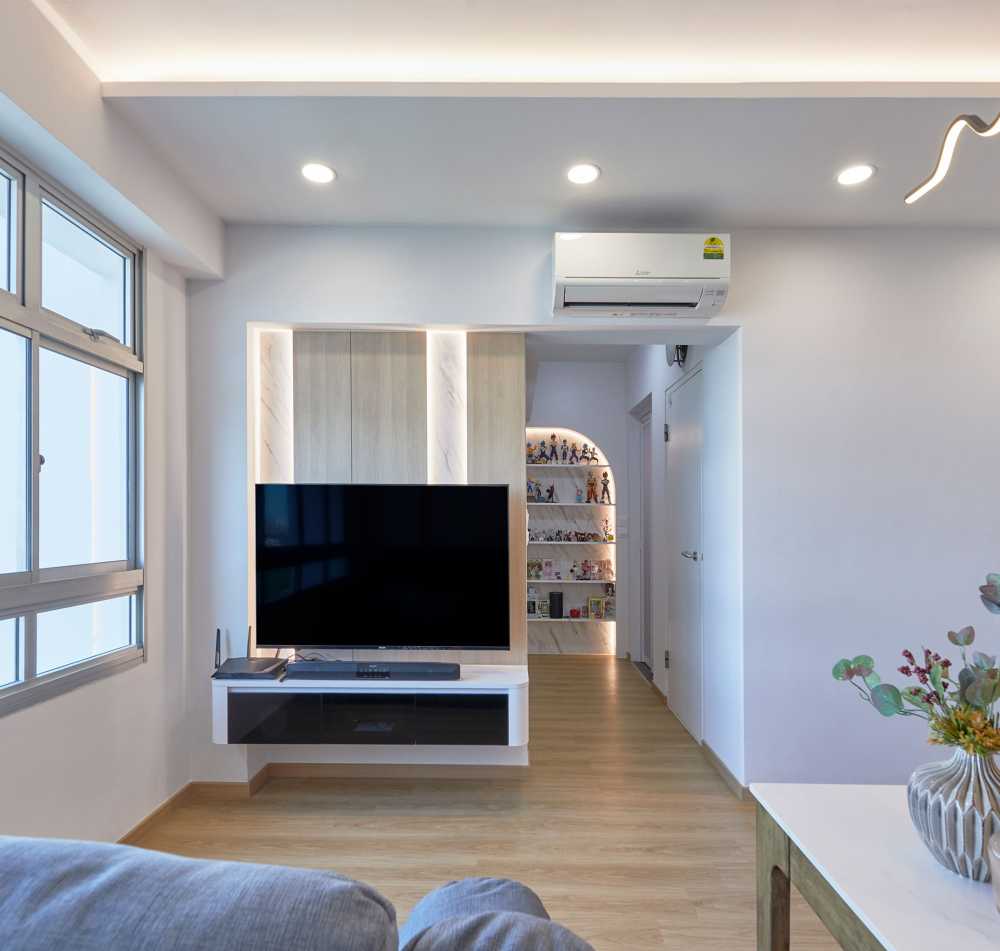 Scandinavian Living Room with Feature Wall and Drop Ceiling