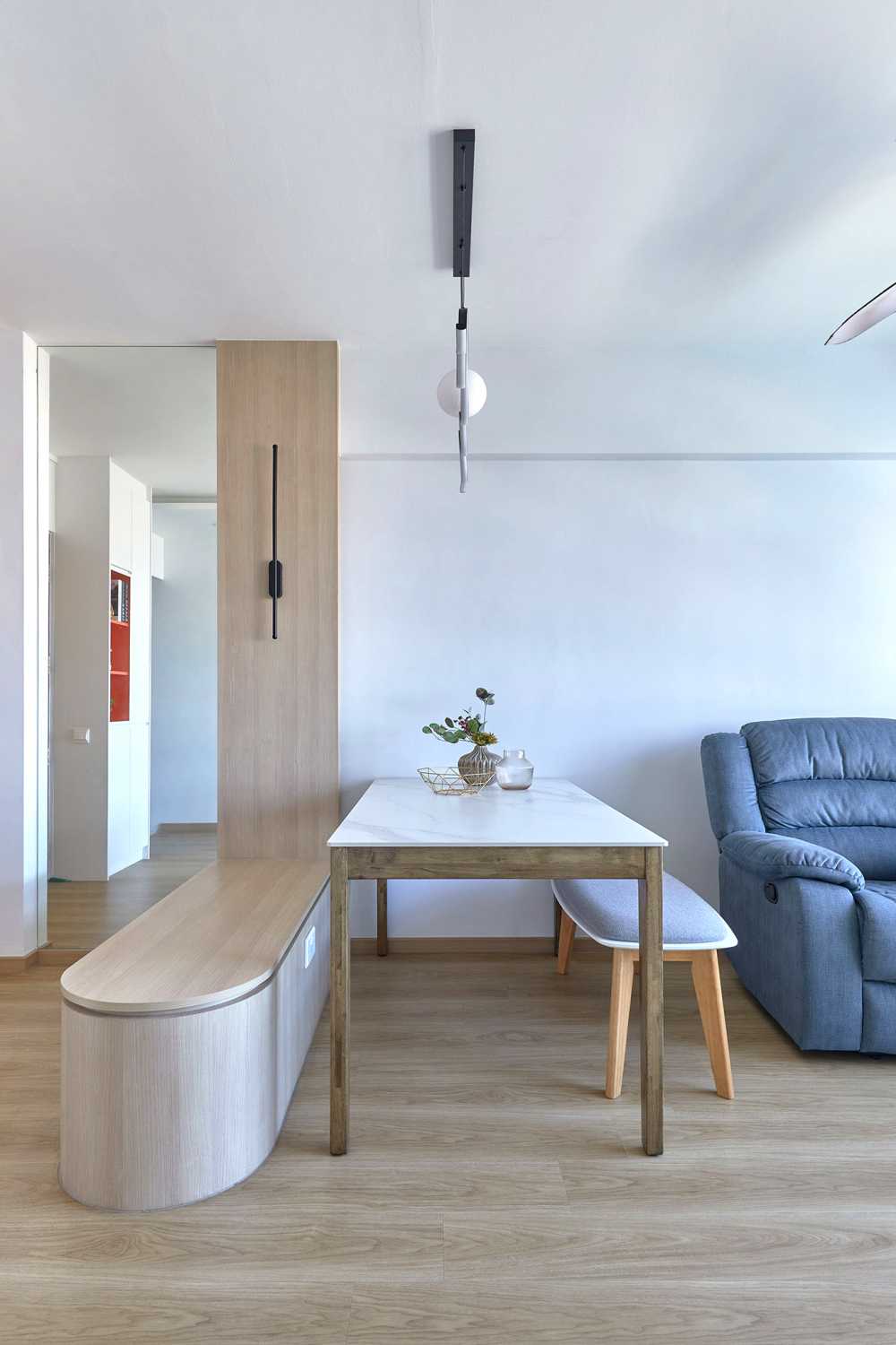 Scandinavian Living Room with Granite Floor and TV Console