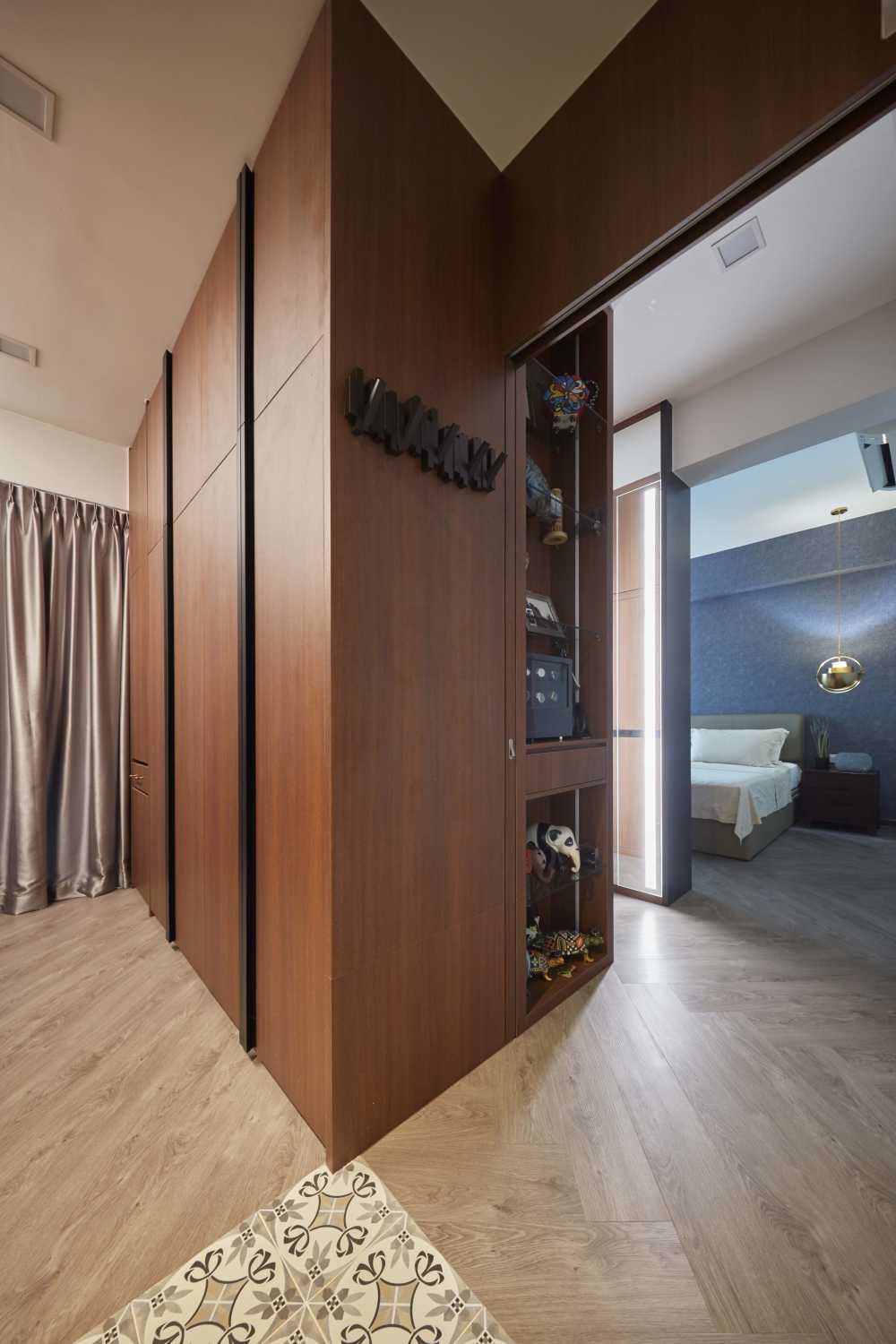 Scandinavian Bedroom with Platform Bed and Herringbone Tiling