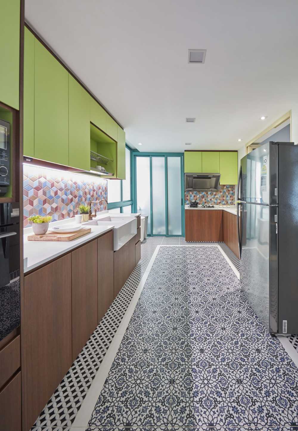 Scandinavian Kitchen with Parquet Floor and Marble Floor