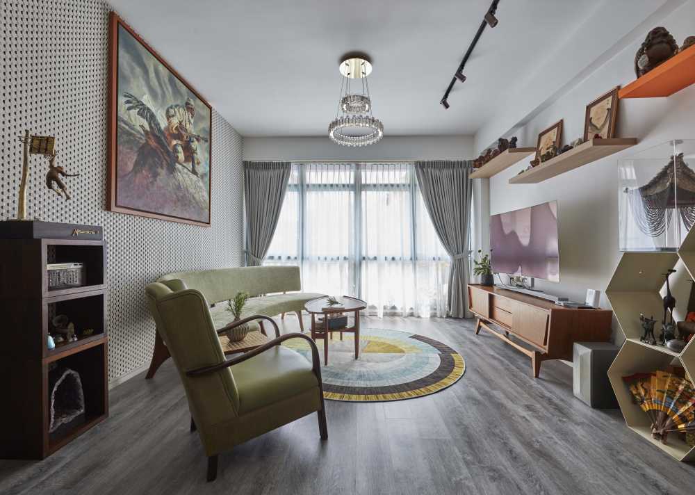 Scandinavian Living Room with Feature Wall and Ceiling Light