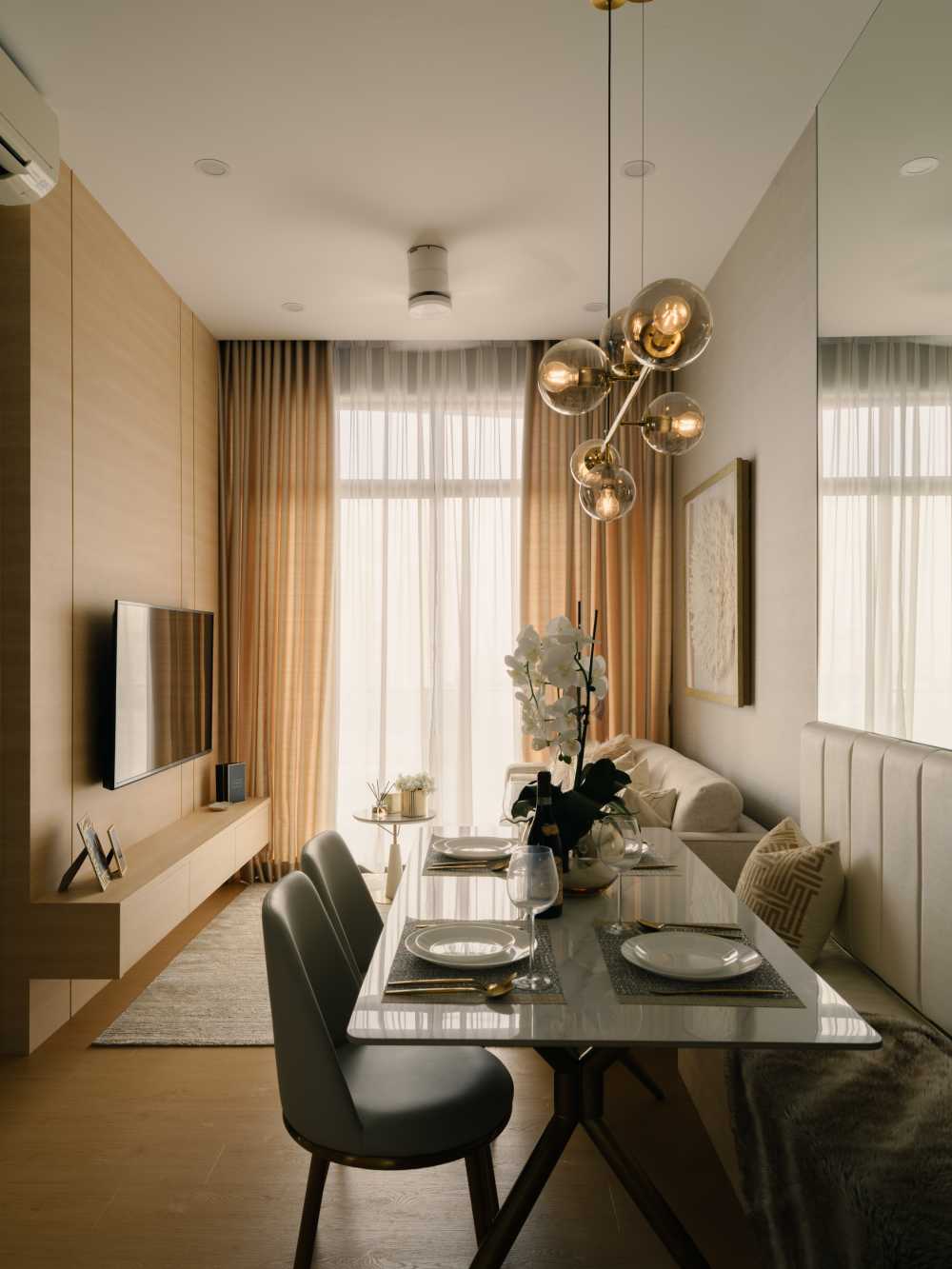 Modern Living Room with TV Console and Drop Light