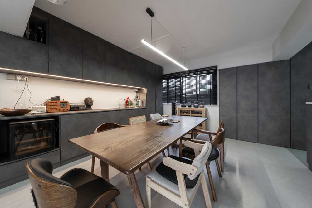 Contemporary Dining Room with Dining Table and Kitchen Cabinets