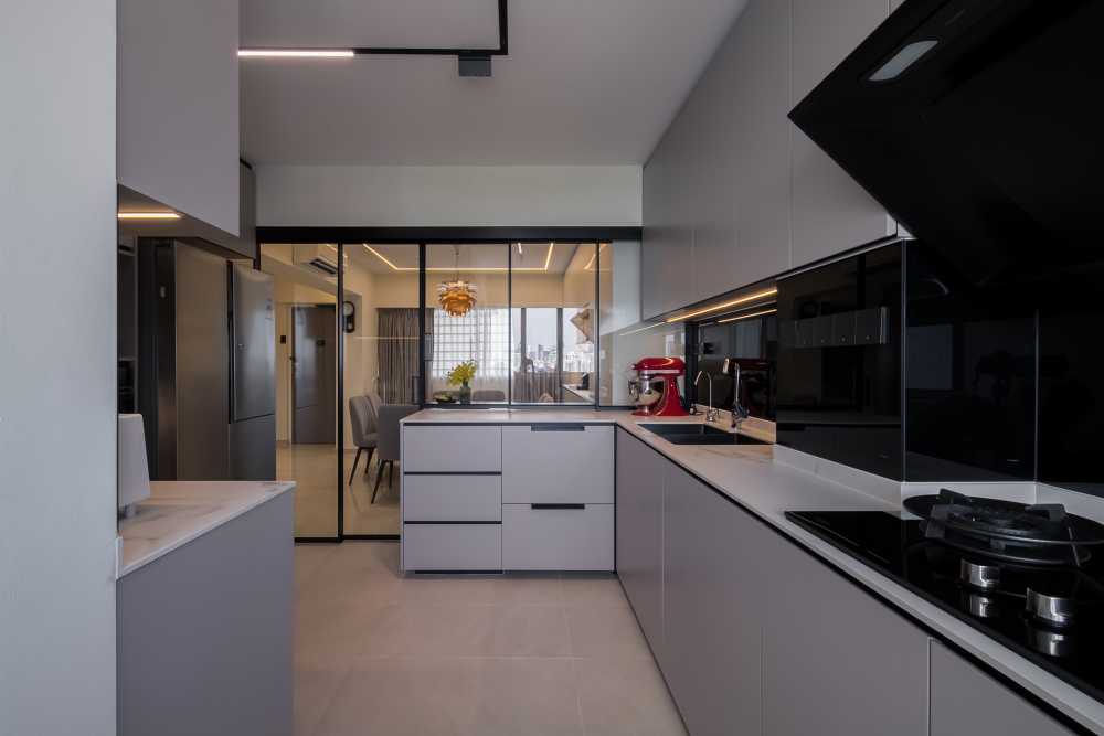 Contemporary Kitchen with Kitchen Window and Cupboard