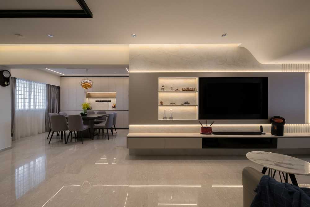 Contemporary Living Room with Homogeneous Tiles and TV Console
