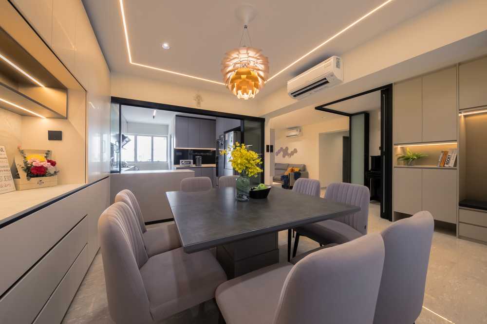 Contemporary Dining Room with Chandelier and Dining Table