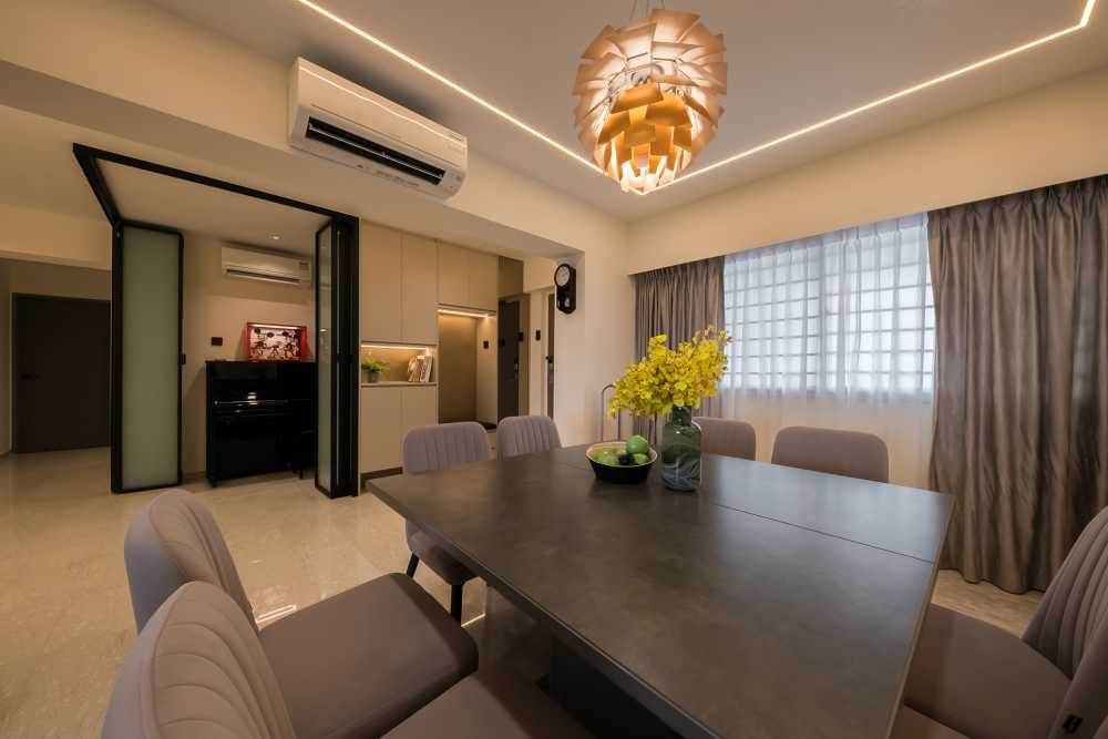 Contemporary Dining Room with Ceiling Light and Chandelier