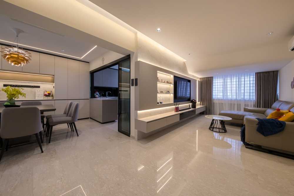 Contemporary Living Room with TV Console and Feature Wall