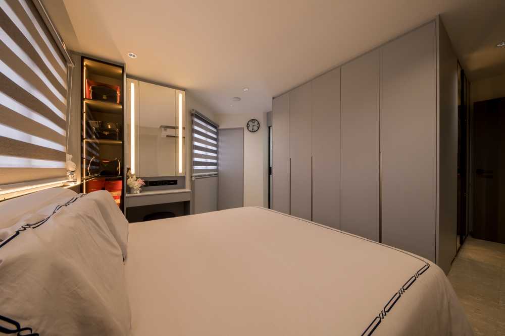 Contemporary Bedroom with Bay Window and Closet