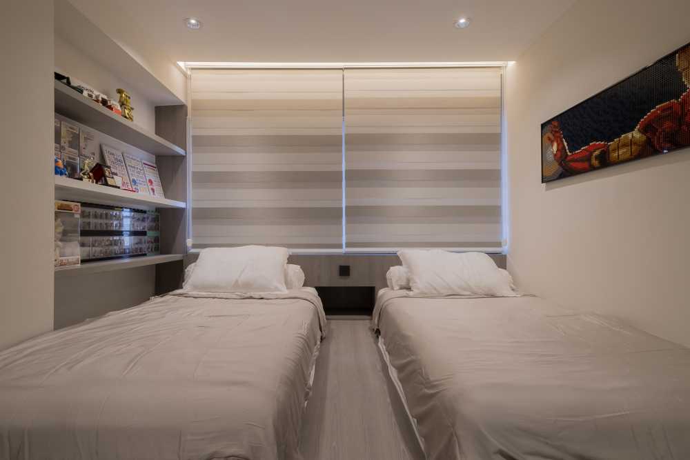 Contemporary Kids Room with Bookshelf and Platform Bed