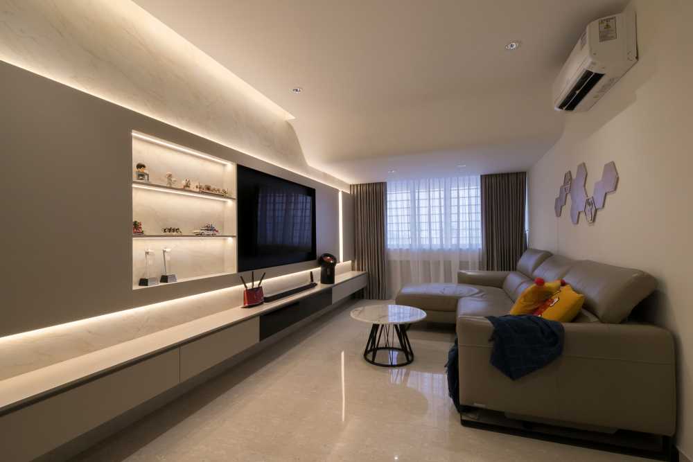 Contemporary Living Room with TV Console and Cove Lighting