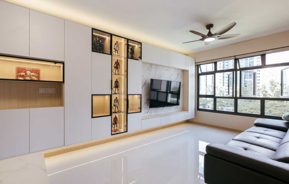 Minimalist Living Room with TV Console and Bay Window