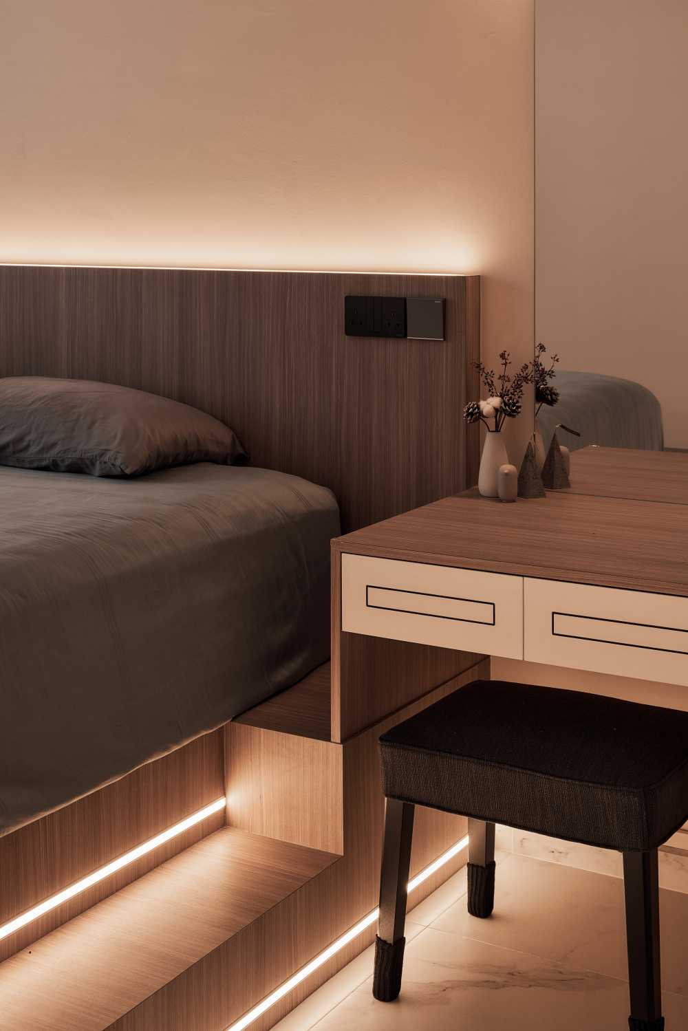 Modern Bedroom with Platform Bed and Wood Flooring