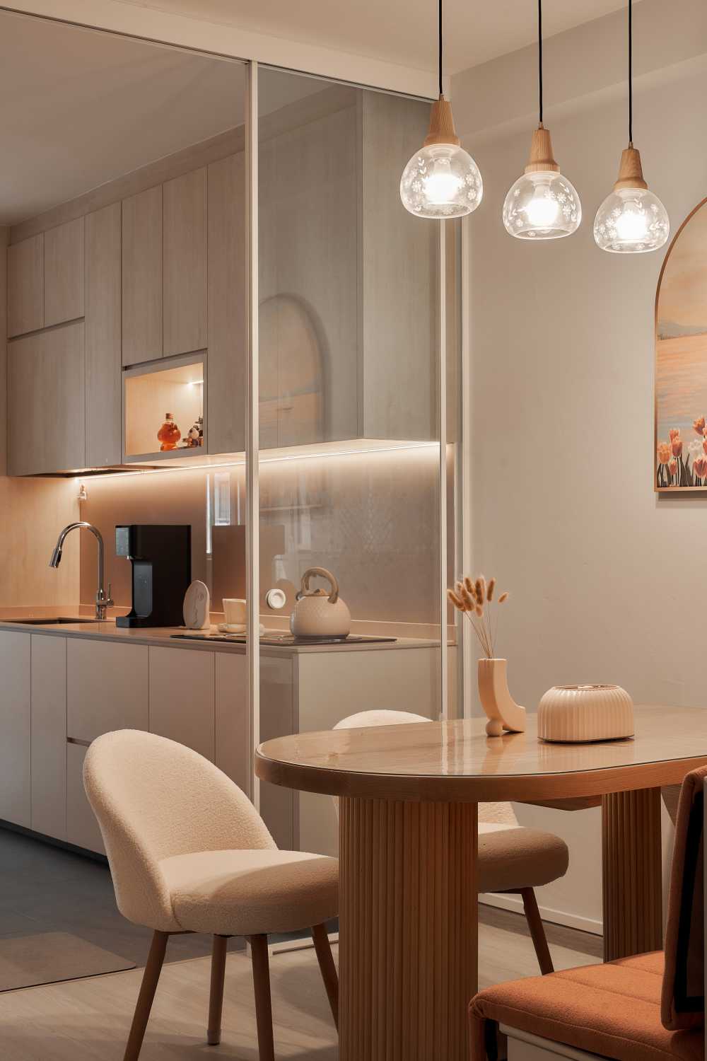 Scandinavian Dining Room with Dining Table and Tableware