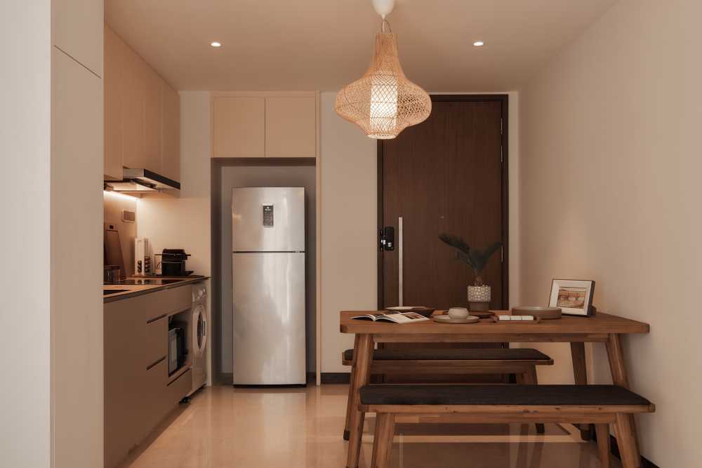 Modern Dining Room with Drop Light and Downlights