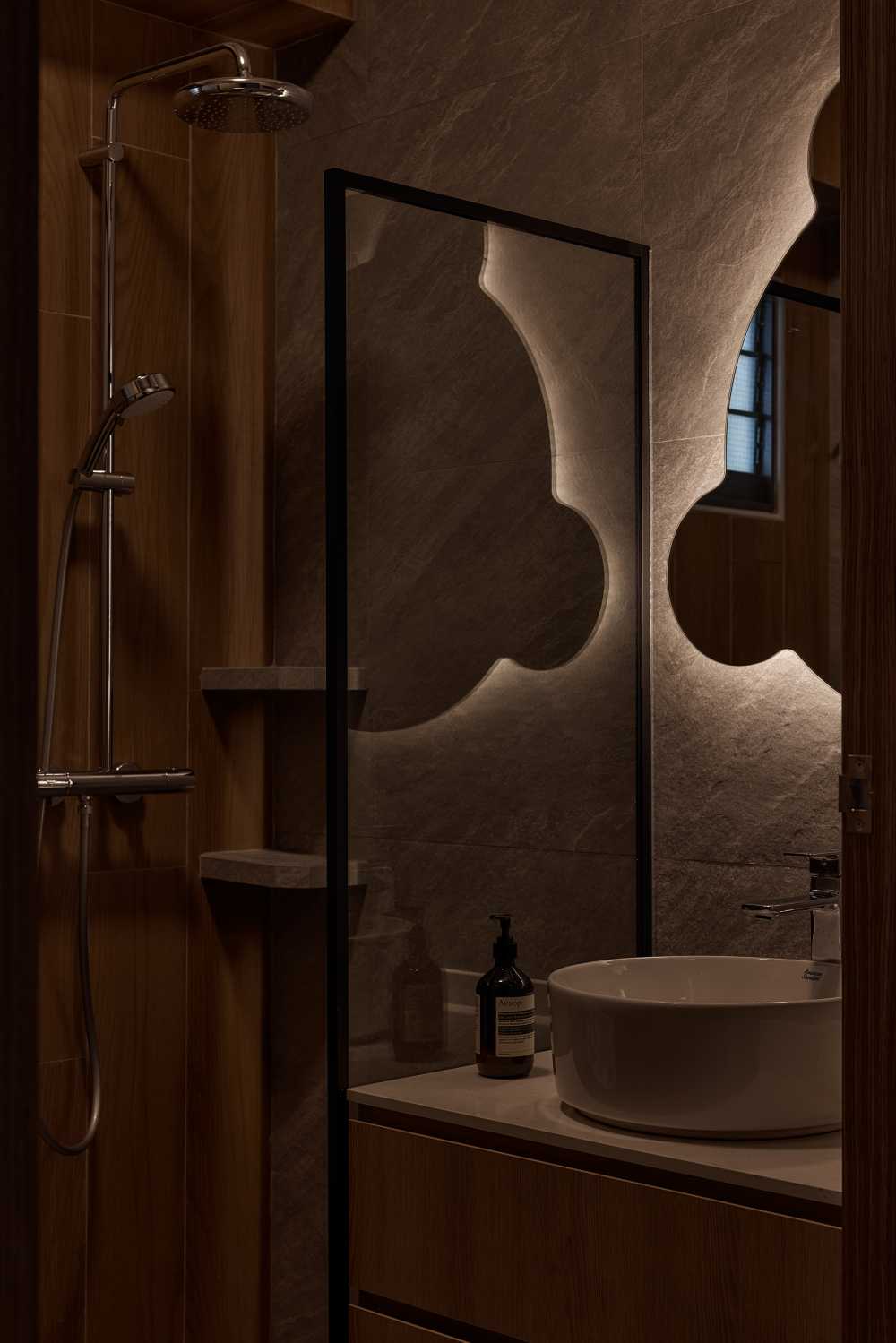 Minimalist Bathroom with Cement Floor and Mirror