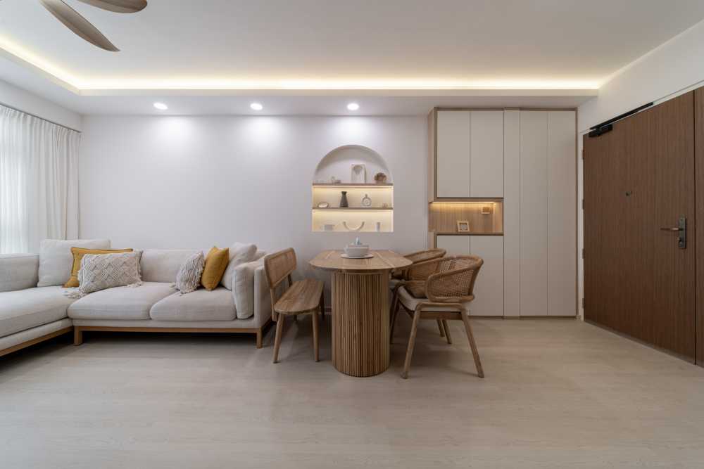 Scandinavian Living Room with Vinyl Flooring and Cove Lighting