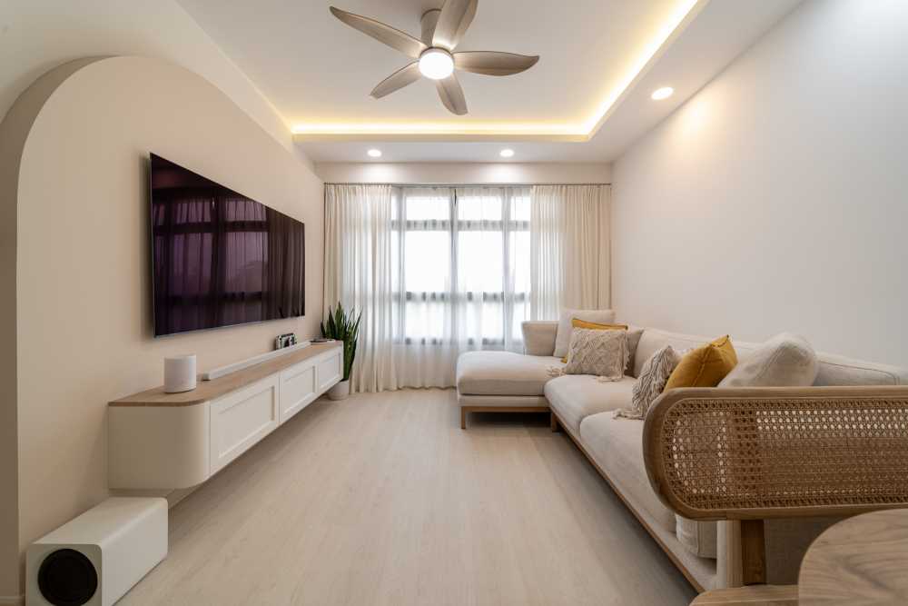 Scandinavian Living Room with TV Console and Feature Wall