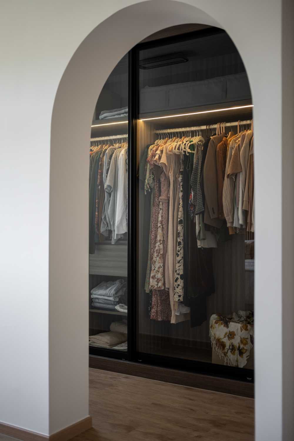 Scandinavian Bedroom with Vinyl Flooring and Glass Door