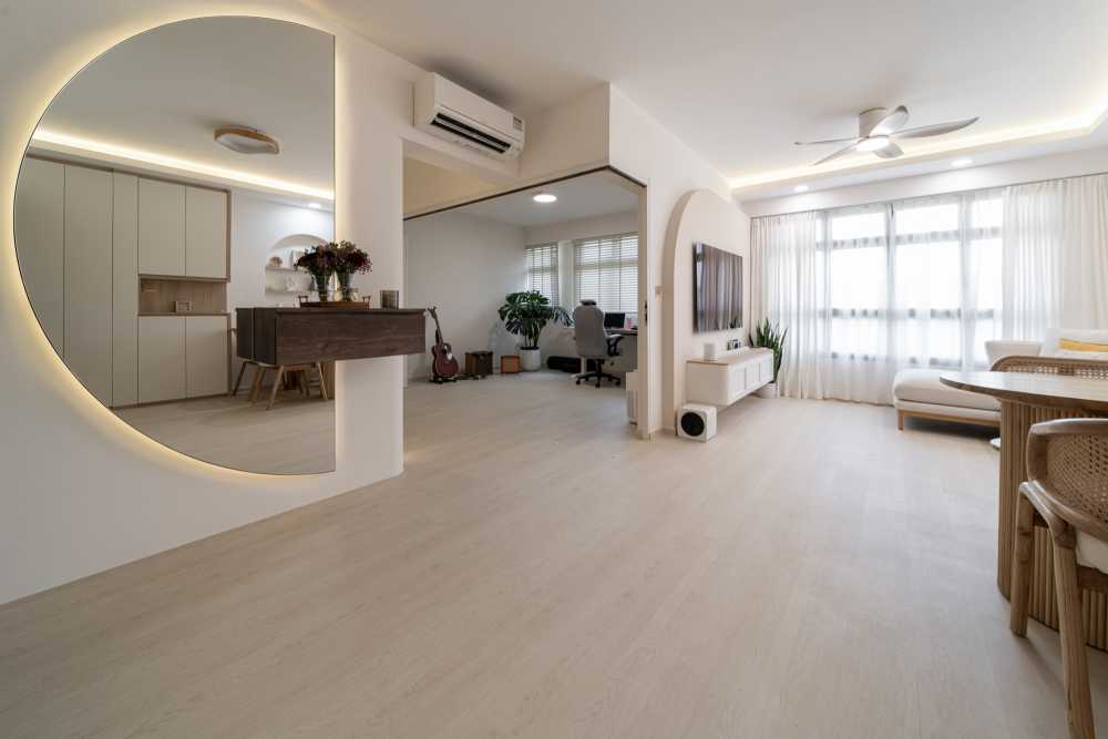 Scandinavian Living Room with Vinyl Flooring and Mirror