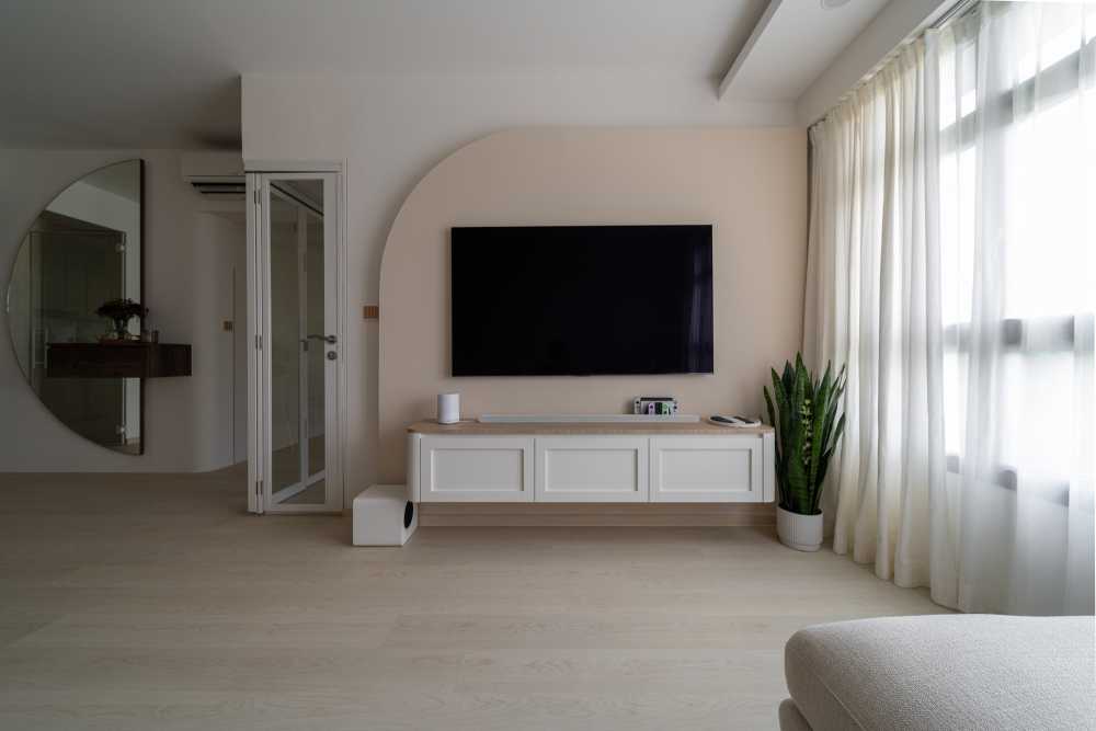Scandinavian Living Room with Vinyl Flooring and TV Console