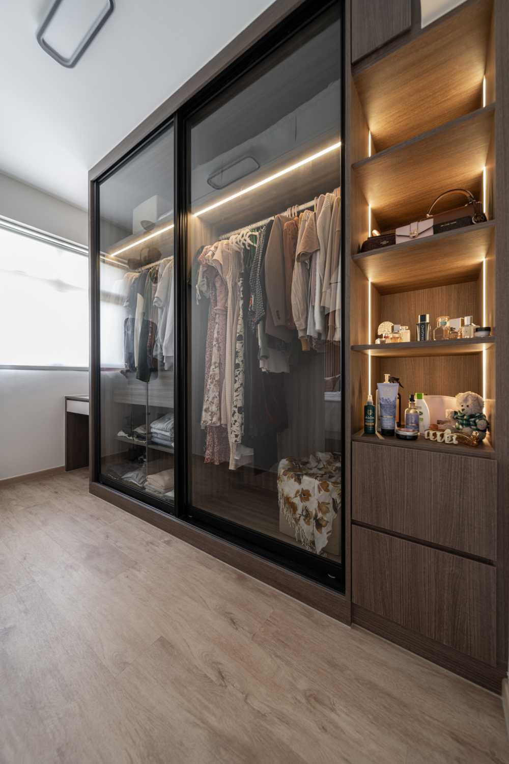 Scandinavian Bedroom with Vinyl Flooring and Glass Door