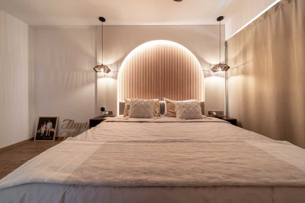 Scandinavian Bedroom with Panelling and Bedside Table