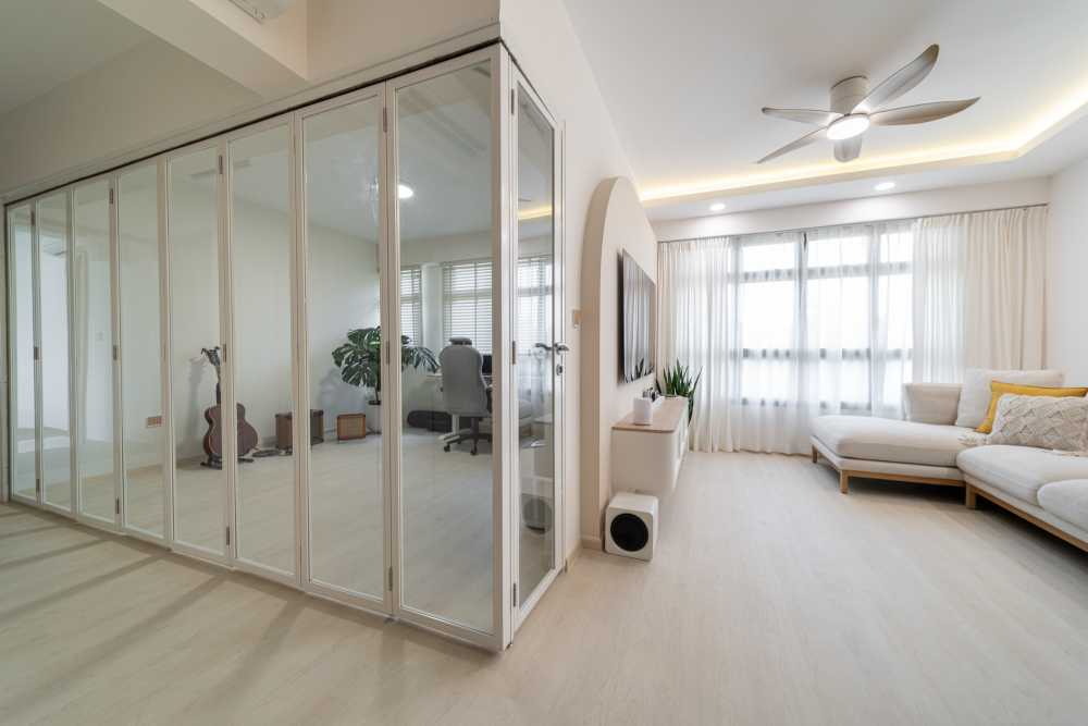 Scandinavian Home Office with Vinyl Flooring and TV Console