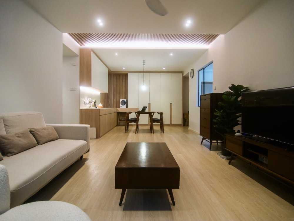 Scandinavian Living Room with TV Console and Ceiling Light