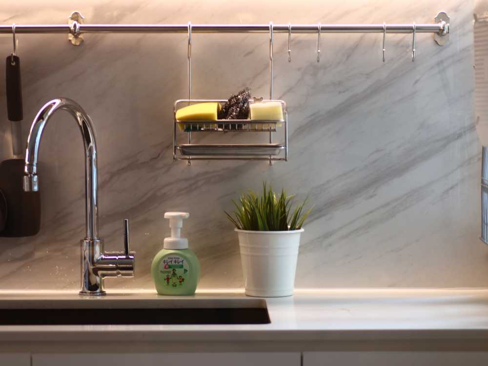 Scandinavian Kitchen with Countertop and Kitchen Backsplash