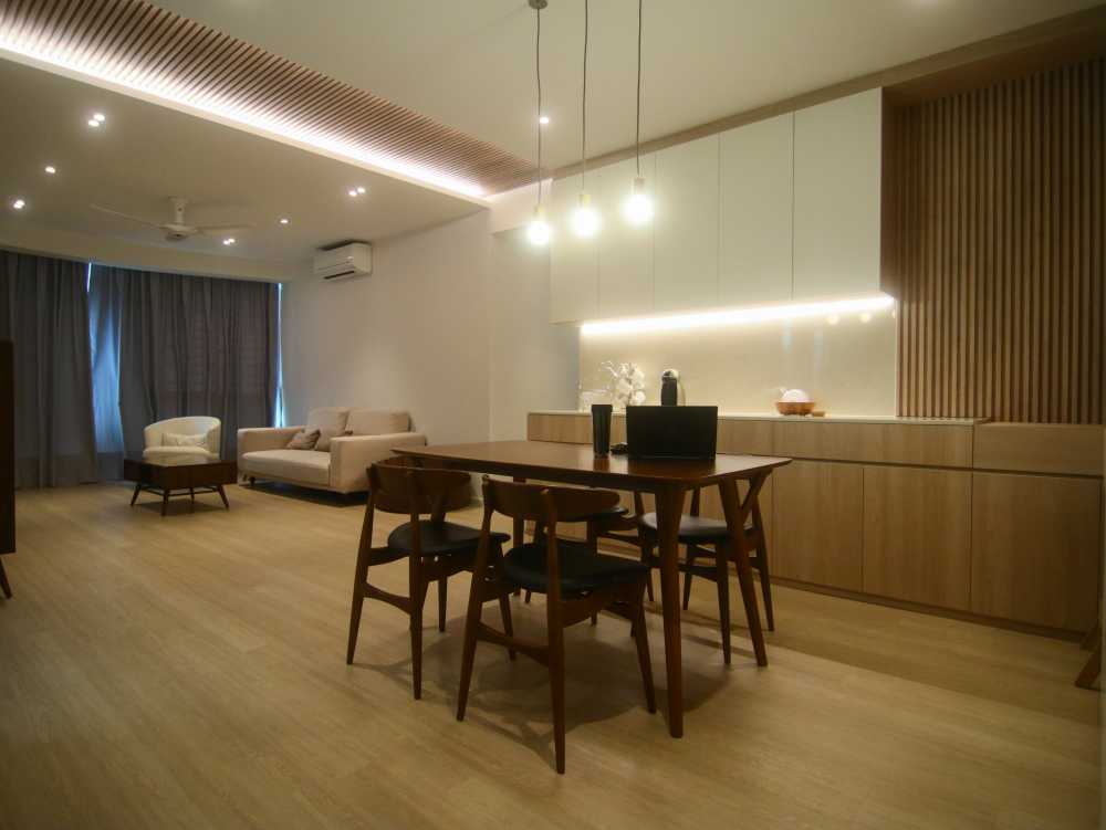 Scandinavian Living Room with Countertop and Wood Flooring