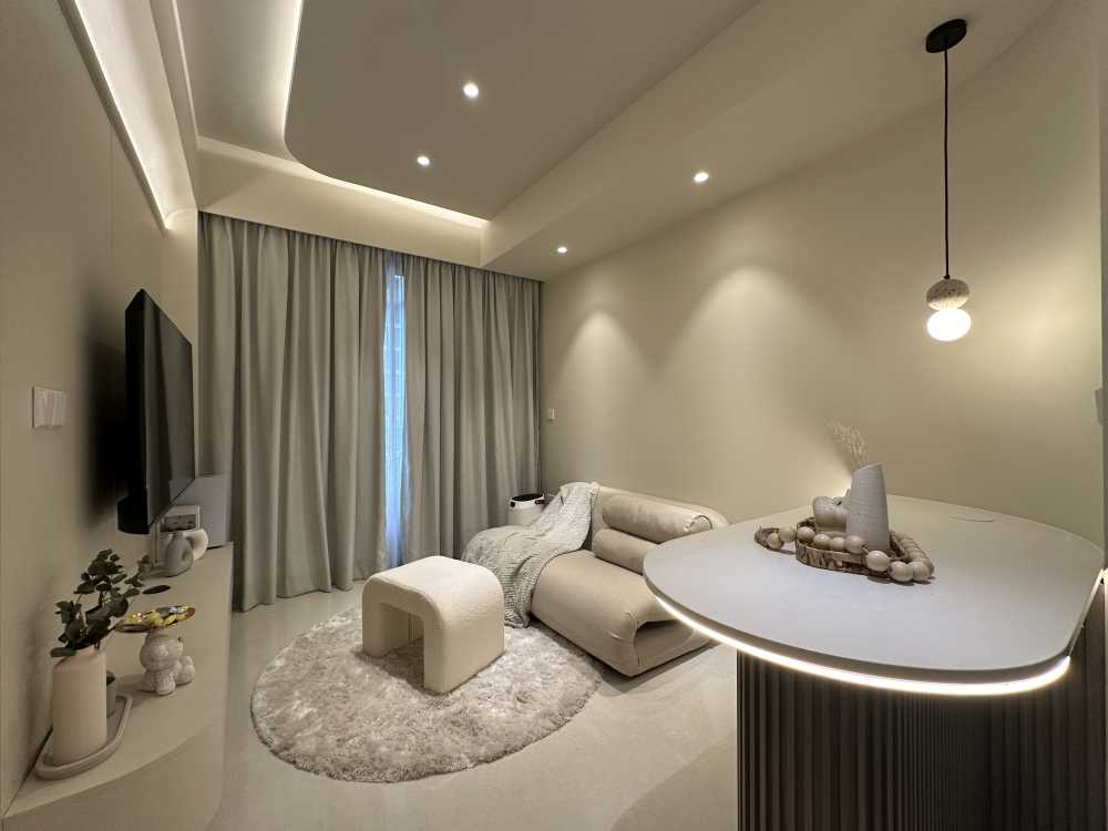 Minimalist Living Room with Countertop and Ceiling Light
