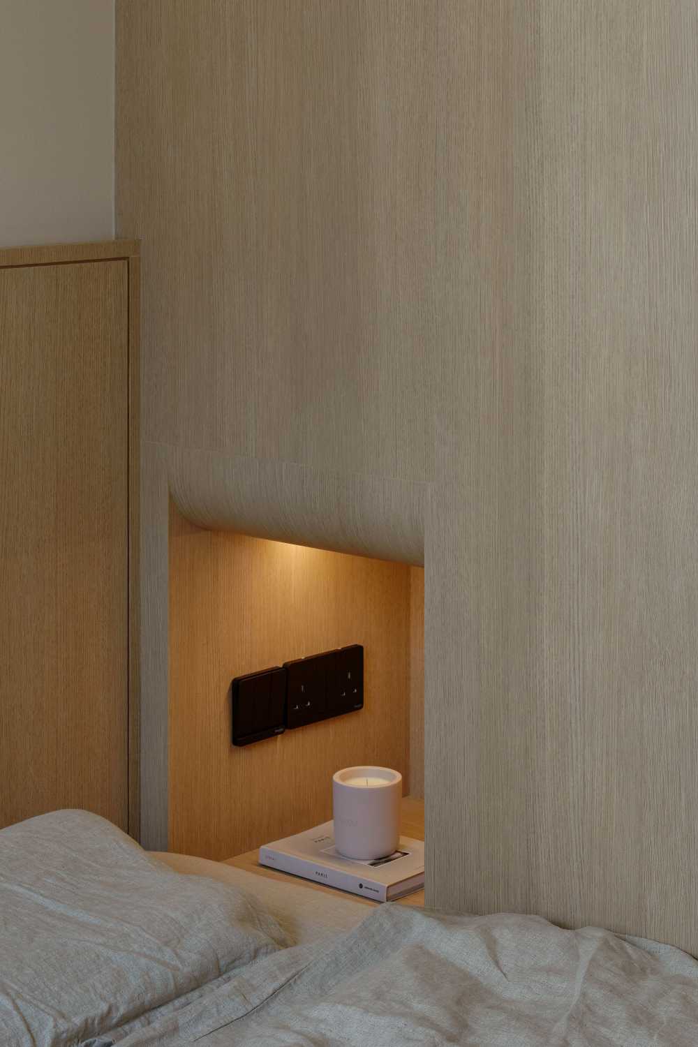 Scandinavian Bedroom with Bookshelf and Platform Bed