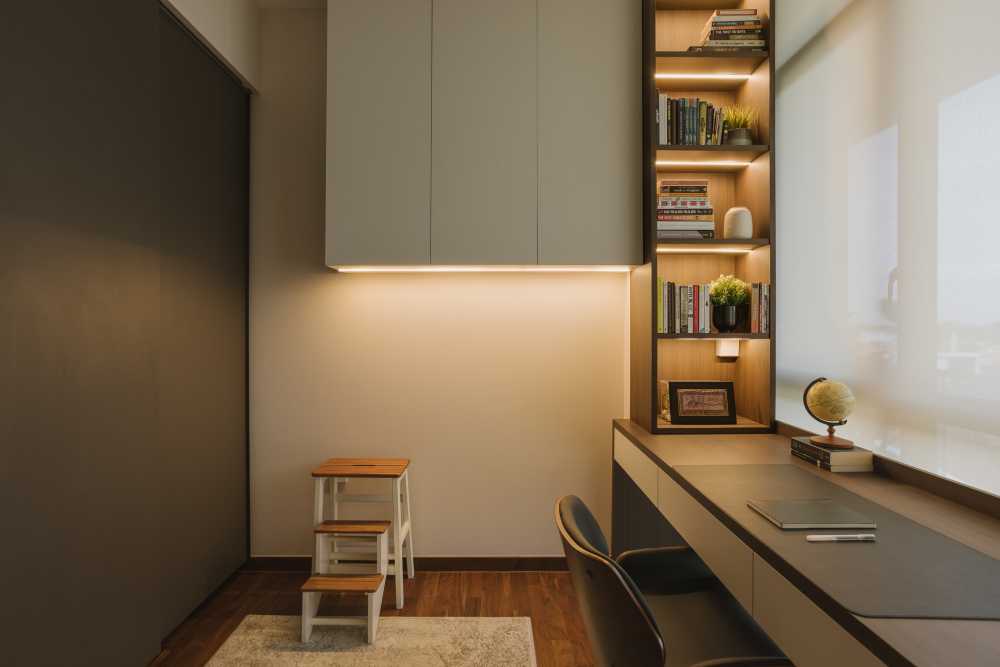 Modern Home Office with Desk Chairs and Storage Cabinets