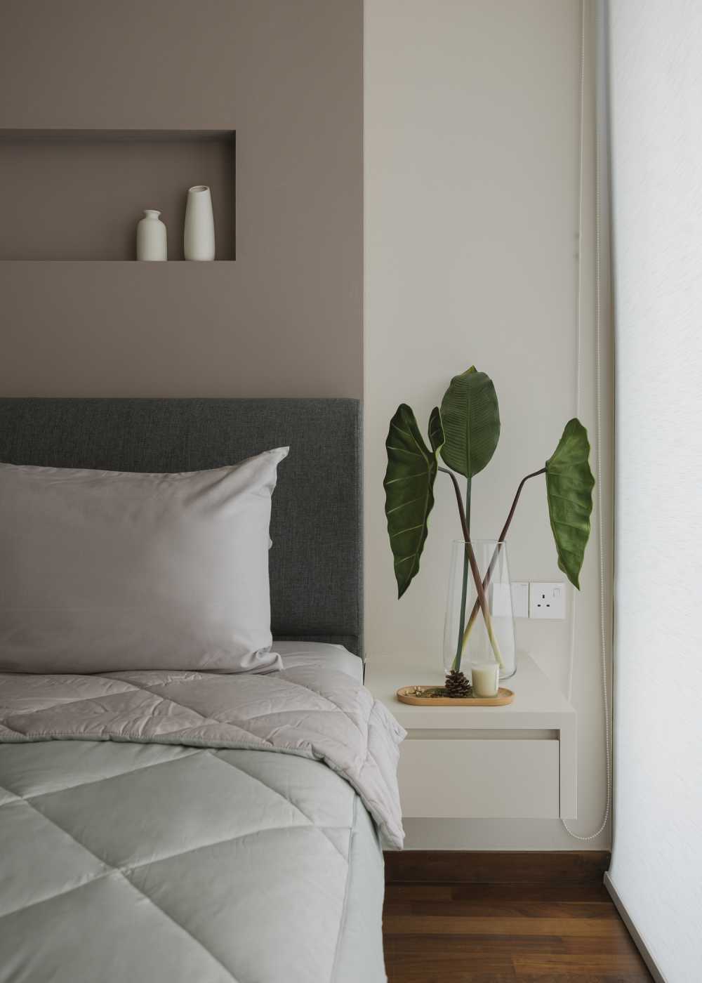 Modern Bedroom with Roller Blinds and Bedside Table