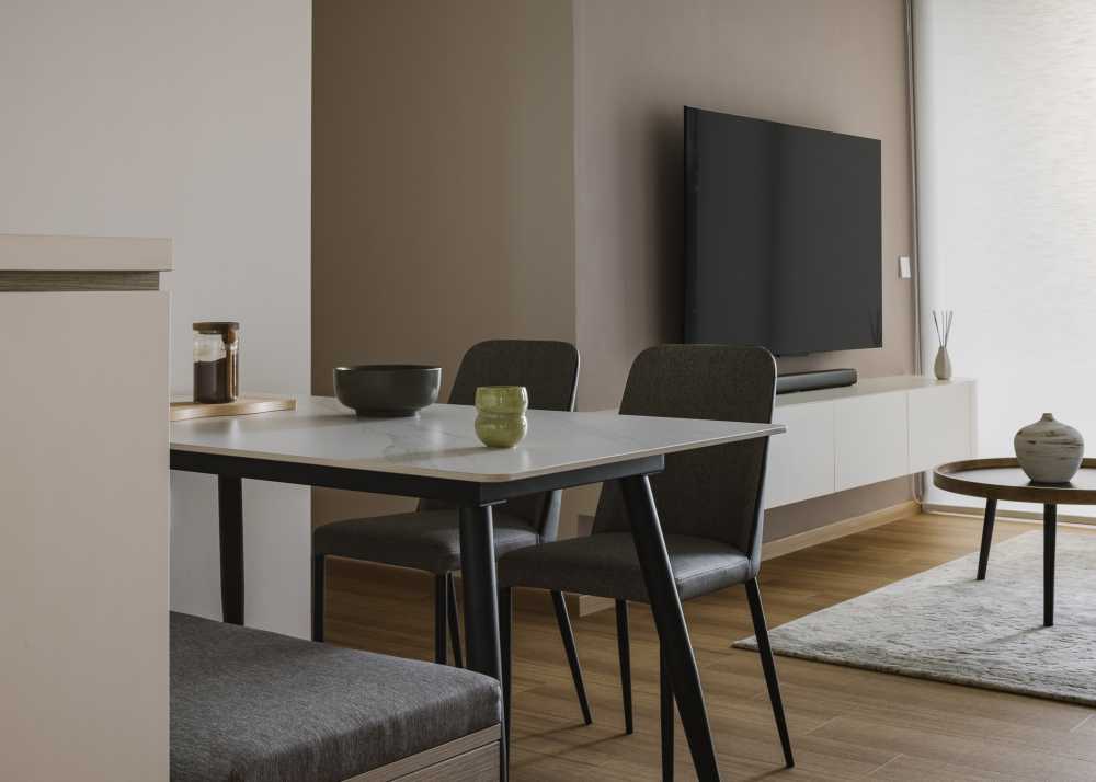 Modern Dining Room with TV Console and Carpet